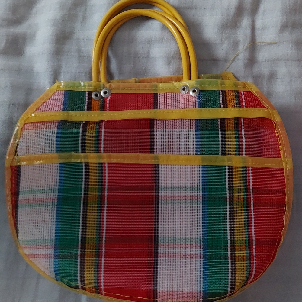 Colorful Plaid Kids Tote Bag with Yellow Handles